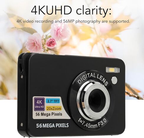 الكاميرا الرقمية ، Zoom 56 ميجابكسل 4K فيديو 20x ، شاشة 2.7 بوصة شاشة LCD ، كابل USB ، مضغوط ، تخزين 128 جيجابايت ، أسود مع عشاق السفر والتصوير الفوتوغرافي (أسود) in Kuwait