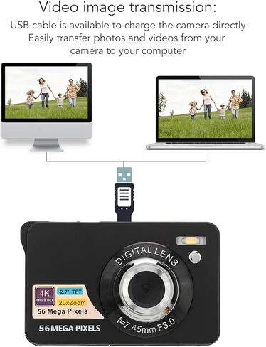 الكاميرا الرقمية ، Zoom 56 ميجابكسل 4K فيديو 20x ، شاشة 2.7 بوصة شاشة LCD ، كابل USB ، مضغوط ، تخزين 128 جيجابايت ، أسود مع عشاق السفر والتصوير الفوتوغرافي (أسود) in Kuwait