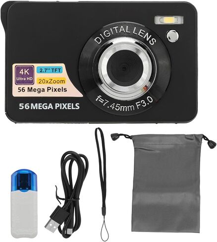 الكاميرا الرقمية ، Zoom 56 ميجابكسل 4K فيديو 20x ، شاشة 2.7 بوصة شاشة LCD ، كابل USB ، مضغوط ، تخزين 128 جيجابايت ، أسود مع عشاق السفر والتصوير الفوتوغرافي (أسود) in Kuwait