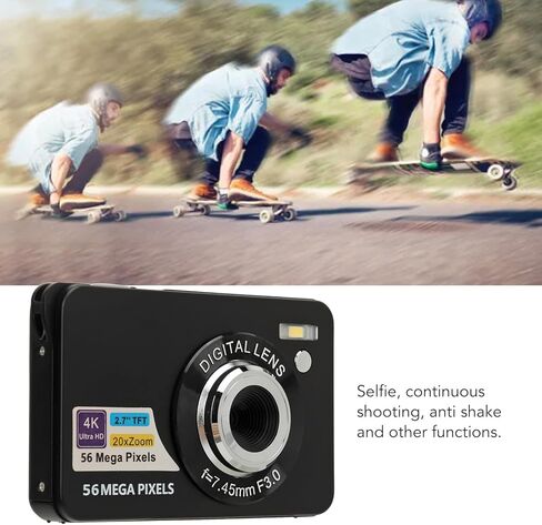 الكاميرا الرقمية ، Zoom 56 ميجابكسل 4K فيديو 20x ، شاشة 2.7 بوصة شاشة LCD ، كابل USB ، مضغوط ، تخزين 128 جيجابايت ، أسود مع عشاق السفر والتصوير الفوتوغرافي (أسود) in Kuwait