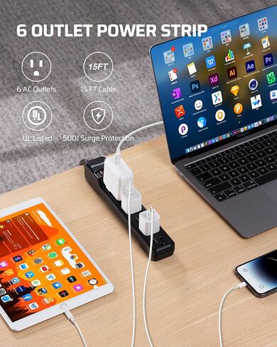 DEWENWILS 6-Outlet Power Strip Surge Protector, 15FT Long Extension Cord, Low Profile Flat Plug, 15 Amp Circuit Breaker, 500 Joules, Wall Mount, Black, UL Listed in Saudi Arabia