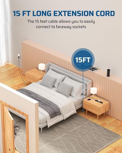 DEWENWILS 6-Outlet Power Strip Surge Protector, 15FT Long Extension Cord, Low Profile Flat Plug, 15 Amp Circuit Breaker, 500 Joules, Wall Mount, Black, UL Listed in Saudi Arabia