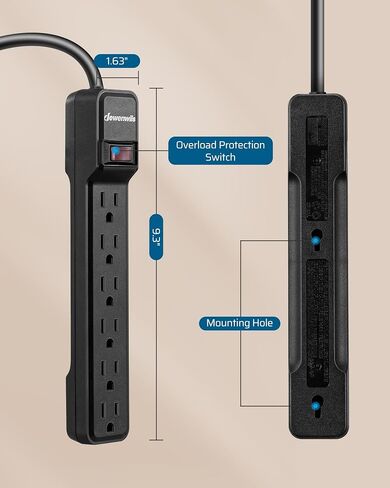 DEWENWILS 6-Outlet Power Strip Surge Protector, 15FT Long Extension Cord, Low Profile Flat Plug, 15 Amp Circuit Breaker, 500 Joules, Wall Mount, Black, UL Listed in Saudi Arabia
