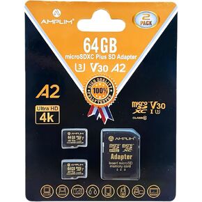 Amplim Micro SD Card 64GB | MicroSD Memory Plus Adapter | A2 MicroSDXC U3 Class 10 V30 UHS-I for Nintendo, GoPro Hero, Surface, Phone, Camera Cam, Tablet | Black 2 Pack