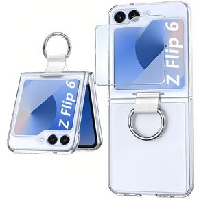 Z Flip 6 Case Clear with Ring for Samsung Galaxy Z Flip 6 Phone Case with Screen Protector for Galaxy z Flip 6 Cases Slim Shockproof Hard PC Cover for Samsung Galaxy flip z 6 case, Crystal Clear