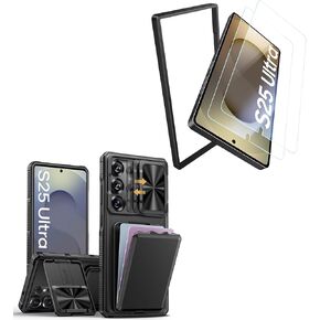 for Samsung Galaxy S25 Ultra Case with 2X Screen Protector & Card Holder & Kickstand & Slide Camera Lens Cover, Silicone Edge Rugged Shockproof Protective Phone Case for S25 Ultra, Black