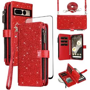 Asuwish Phone Case for Google Pixel 7 Pro 5G Wallet PU Cell Cover with Tempered Glass Screen Protector Strap Bling Glitter Zipper Flip Credit Card Holder Pixel7Pro Pixel7 XL Seven 7Pro 6.7 Women Red