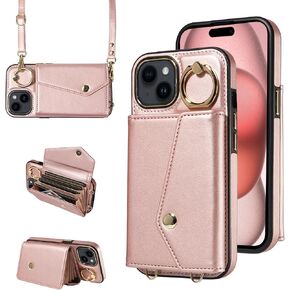 Crossbody Wallet Case لـ iPhone 15 (6.1 بوصة مع حزام الحبل ، و 360 درجة من RING RING RISTAND & CARD SLOT SLOT FORCONG RFID ، وغطاء محفظة باو مغناطيسي (الذهب الوردي)