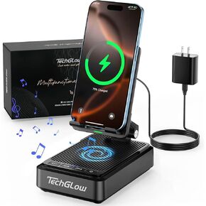 TechGlow Gifts for Men Women Bluetooth Speaker with Phone Stand and Wireless Charger Compatible with iPhone 16 15 14 13 Pro XS 8 Plus Samsung Galaxy S25 S24 S23 Note 20 Birthday Gift Idea for Mom Dad