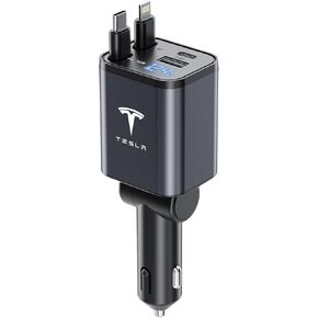 Retractable Car Charger for Tesla Model Y 3 X S, [Upgraded] 4 in 1 69W Fast Phone Charger Adapter, Tesla Y 3 X S Accessories 2025 2024 2023 2022 2021 2020-2017, 2.6ft,180° Adjustable,Voltage Display