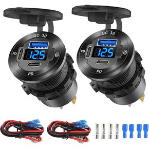 2 Pack 12V USB Outlet 3 Port Car Charger Socket, 78W Dual PD USB C 30W and Quick Charge3.0 Port Aluminum Charger Waterproof with Voltmeter and Button Switch for Boat Marine Motorcycle RV Truck, etc