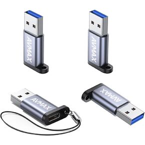 AVMAX USB إلى USB C Adapter 4 Pack ، أنثى USBC لشاحن سيارة OTC الذكور لـ Apple Watch Ultra 8 9 10 ، iPhone 16 15 14 12 Pro Max ، Samsung S25 ، Nintendo Switch ، Airpods ، iPad ، Car. (أسود)