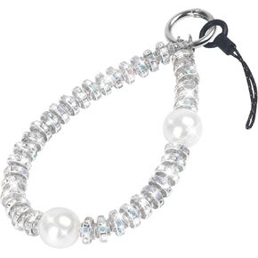 LUVI Bling Phone Charm Chain Diamond Wrist Strap Rhinestone Pearl Glitter Lanyard String Bracelet Keychain Cute Fashion Luxury for Women Silver