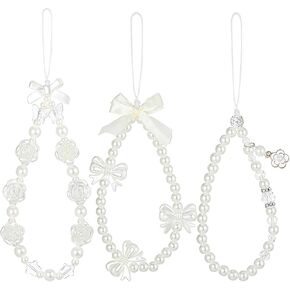 3Pcs Butterfly Bow Knot Beaded Phone Charm, Cute Wrist Chain Lanyard, Aesthetic Flower Stationery Decoration Charm, Heart Y2k Pearl Beaded Strap Phone Lanyard Wris for Cell Phone Camera Keys