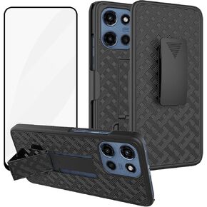 Ailiber Compatible with Motorola Moto G 2025 Phone Case, Motorola G 5G 2025 Belt Clip Case Holster with Screen Protector, Swivel Kickstand Holder, Slim Shockproof Shell Pouch Phone Cover-Black