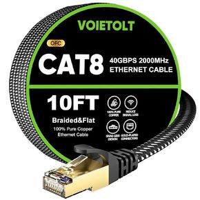 Cat 8 Ethernet Cable 10 FT Flat, High Speed 40Gbps 2000Mhz Braided Internet Cable with Gold Plated RJ45 Network LAN Cable SSTP, Heavy Duty Ethernet Cord Compatible for PS4/5, for Modems, PC/Laptop