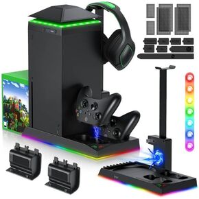 MENEEA Cooling Fan Dust Proof for Xbox Series X Console with Colorful Light Strip, RGB Charging Stand with Cooling Fan for Xbox Series X Console & Controller