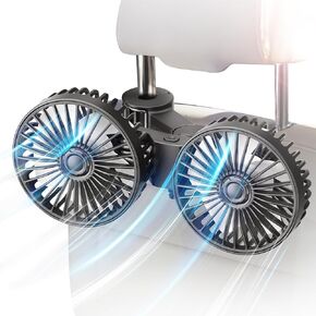 Car Fan for Backseat, Dual Head USB Auto Seat Fans, 3 Speeds Strong Wind 360° Rotatable Vehicle Rear Headrest Fan for Car, Air Circulation Car Fans with Adjustable Clip for All Vehicle Models