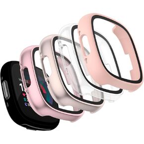 Vancle Case for Fitbit Versa 4 / Fitbit Sense 2, 4-Pack Screen Protector Tempered Glass Full Around Hard PC Case with Sensitive Touch Film Protective for Fitbit Sense 2 / Versa 4(Black + Starlight + Navy Blue + Dark Green)