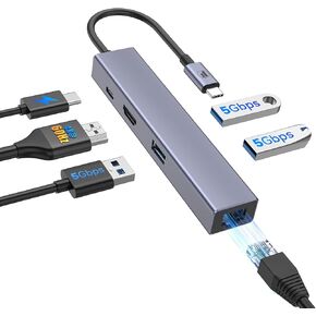 FORIDA USB C Hub, USB C Ethernet Multiport Adapter, 6 In 1 USB C to HDMI Dock Compatible for Macbook Pro Air, Chromebook, Dell XPS, HP and Type C Devices (Gigabit Ethernet 100W PD 4K60HZ HDMI USB 3.0)