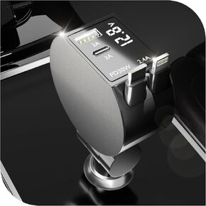 Retractable car Charger USB c,Leinsis 4 in 1 Retractable car Charger 65W,Retractable Cable with USB-C and Lightning Ports,Compatible with iPhone 16/15/14/13/12/11,Galaxy,Pixel