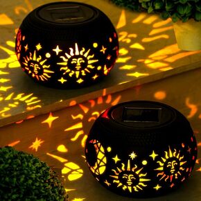 Reginary 2 Pcs Solar Table Lanterns Outdoor Waterproof, Hollow Out Retro Metal Solar Lamp Lights, with Dancing Flickering Flame 7 Color 2 Modes Auto On/Off Lighting for Yard Patio(Sun)