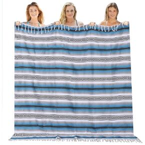 Mexican Throw Blanket Lightweight Serape Outdoor Blanket Extra Large Picnic Blanket Camping Blanket Beach Blanket Turkish Towel Sand Free Oversized Carnival Ship Cruise Travel Essentials 50"x68" Blue