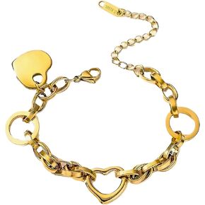 18K Gold-Plated European Design Heart Charm Cuban Chain Bracelet with Exquisite Box
