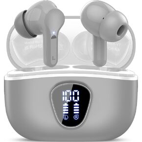 Wireless Earbuds, Bluetooth 5.4 Headphones HiFi Stereo, Bluetooth Earbuds with ENC Noise Cancelling Mic, IP7 Waterproof in Ear Earphones, 48H, LED Display Ear buds for Pad Workout Sports, Light Gray