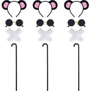 3 Set Mouse Costume Accessories, Mouse Ears Headband Sunglasses Blind Cane White Gloves for Halloween Adult Women Men