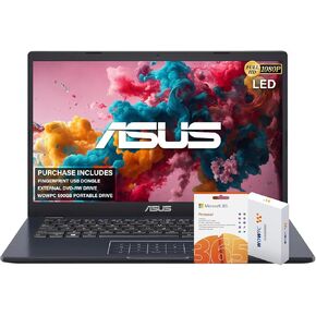 ASUS 14" FHD Laptop, Intel Celeron N4500 Processor, Windows 11 Home, MS Office 365, 4GB RAM, 564GB Storage (500GB External Drive + 64GB eMMC), with WOWPC External DVD & Fingerprint Reader
