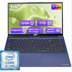 NIMO Laptop, 15.6 FHD-Laptop, Intel Core i3-1215U (Beat i5-1135G7), 32GB RAM 1TB SSD Laptop Computer 54Wh Battery Type-C WiFi 6 Backlit Keyboard Fingerprint, Windows 11 Laptop for Student and Business