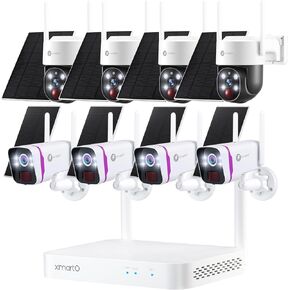 XMARTO 100% Wire-Free Solar Home Security Camera System Wireless, 4-Set 2K CCTV Camera Kit with 4K 10CH Expandable WiFi NVR + 4PCS Wire-Free PTZ Solar Security Camera