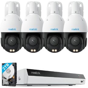 REOLINK 4K PTZ Surveillance System, 4Pcs 4K PoE Security Cameras with 3D 16X Optical Zoom RLC-823S2 Bundle with 8CH NVR RLN8-410 White, Secure 24/7 Local Storage, Auto Tracks, Human/Vehicle/Pet