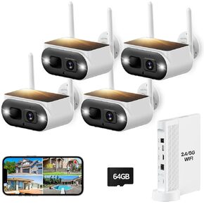 Solar Security Cameras System - 2K Wireless Outdoor Surveillance 4 Camera Kit with 10CH 4K 5G/2.4G WiFi Pro NVR 64GB SD Card Human Detection No Monthly Fee Color Night Vision 2-Way Audio