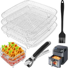 Air Fryer Accessories Stackable Rack Baskets Set of 3, Stainless Steel Square Baking Trays with Clip and Oil Brush for Instant Vortex, cosori Air Fryer, Ninja Foodi Grill, Multi-Layer Dehydrator Rack