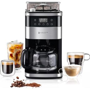 Homtone 10-Cup Coffee Maker - Burr Grinder, Programmable Grind & Brew, Automatic Drip, LED Touch Screen, Adjustable Grind and Brew Strength, 950W, Black/Stainless Steel