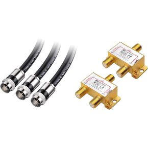 Cable Matters 3-Pack RG6 Cable CL2 in-Wall Rated (CM) Quad Shielded Coaxial Cable 3 ft, in Black & 2-Pack 2.4 Ghz 2 Way Coaxial Cable Splitter for STB TV, Antenna and MoCA Network