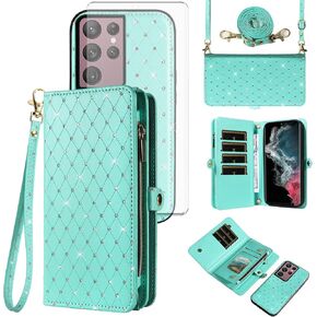 Asuwish Phone Case for Samsung Galaxy S22 Ultra 5G Zipper Wallet Cell Cover with Tempered Glass Screen Protector Lanyard Strap Glitter Flip Card Holder Slot S22ultra 22S S 22 S22ultra5g 6.8 Women Pink