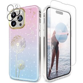 JIAXIUFEN Designed for iPhone 14 Pro Max Case with Screen Protector + Camera Lens Protector Glitter Plated Flower Shockproof Clear Floral Protective Women Girl Phone Cover, Blue Green