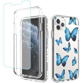 Case for iPhone 11 Pro Max Case with Tempered Glass Screen Protector, Full Body Clear Floral TPU Slim Phone Protective Armor Cover for Apple iPhone 11 Pro Max 6.5" (Butterfly)