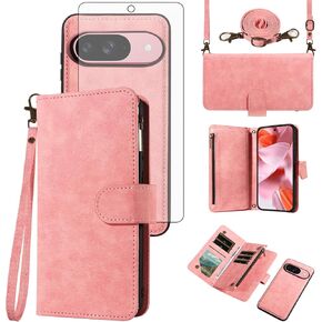 Asuwish Phone Case for Google Pixel 9/9 Pro 5G Zipper Wallet Detachable Cell Cover with Tempered Glass Screen Protector Crossbody Lanyard Strap Flip Card Holder Slot Pixel9 9Pro Nine Women Black