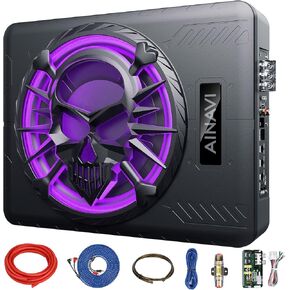 AINAVI 10" Active Slim Under Seat Car Subwoofers - 800W Powered Subwoofer, High/Low-Level Input, Car/Truck Audio Sub Built-in Amplifier Package with Color LED Ambient Light