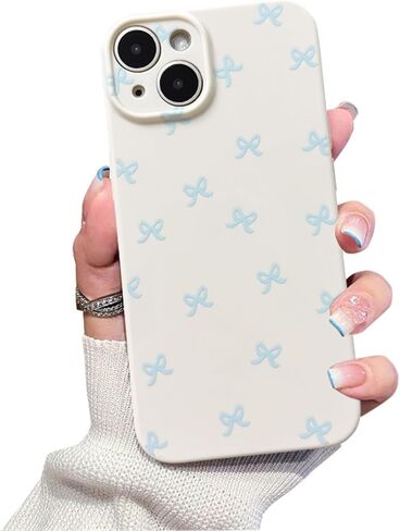 Phone Case Bow for iPhone 13 Case Cute Aesthetic Durable Glossy Bowknot Pattern for Girls Women Soft TPU Full Camera Lens Protective Phone Cover-Blue in Saudi Arabia