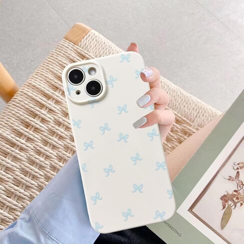 Phone Case Bow for iPhone 13 Case Cute Aesthetic Durable Glossy Bowknot Pattern for Girls Women Soft TPU Full Camera Lens Protective Phone Cover-Blue in Saudi Arabia