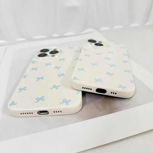 Phone Case Bow for iPhone 13 Case Cute Aesthetic Durable Glossy Bowknot Pattern for Girls Women Soft TPU Full Camera Lens Protective Phone Cover-Blue in Saudi Arabia