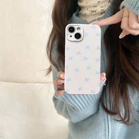 Phone Case Bow for iPhone 13 Case Cute Aesthetic Durable Glossy Bowknot Pattern for Girls Women Soft TPU Full Camera Lens Protective Phone Cover-Blue in Saudi Arabia