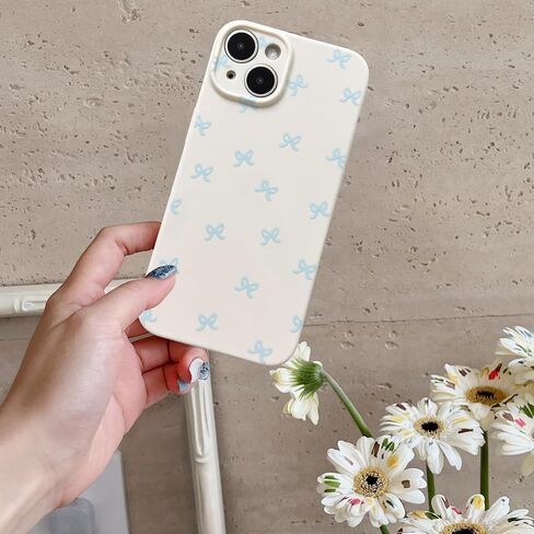 Phone Case Bow for iPhone 13 Case Cute Aesthetic Durable Glossy Bowknot Pattern for Girls Women Soft TPU Full Camera Lens Protective Phone Cover-Blue in Saudi Arabia