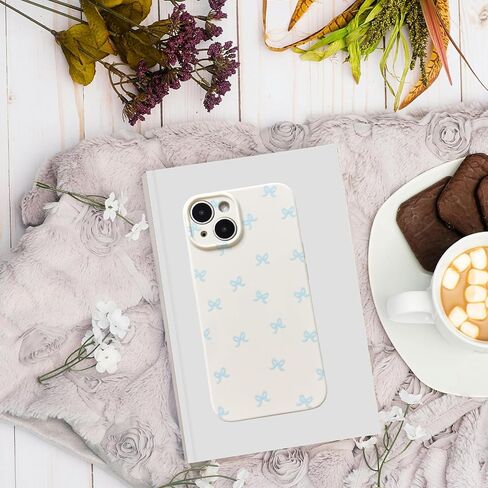Phone Case Bow for iPhone 13 Case Cute Aesthetic Durable Glossy Bowknot Pattern for Girls Women Soft TPU Full Camera Lens Protective Phone Cover-Blue in Saudi Arabia