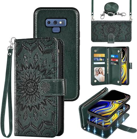 Asuwish Phone Case for Samsung Galaxy Note 9 Zipper Wallet Magnetic Detachable Cell Cover with Screen Protector Crossbody Lanyard Strap Flower Flip Card Holder Slot Note9 Not S9 Women Men Dark Green in Saudi Arabia
